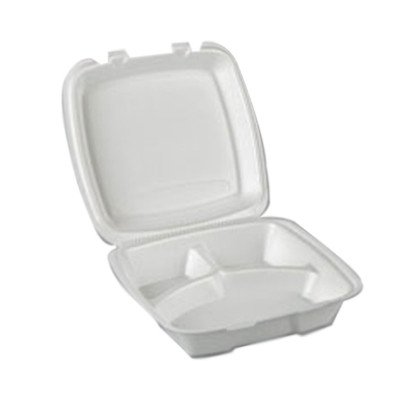 Foam Three-Compartment  Square Take Out Container with Hinged Lid